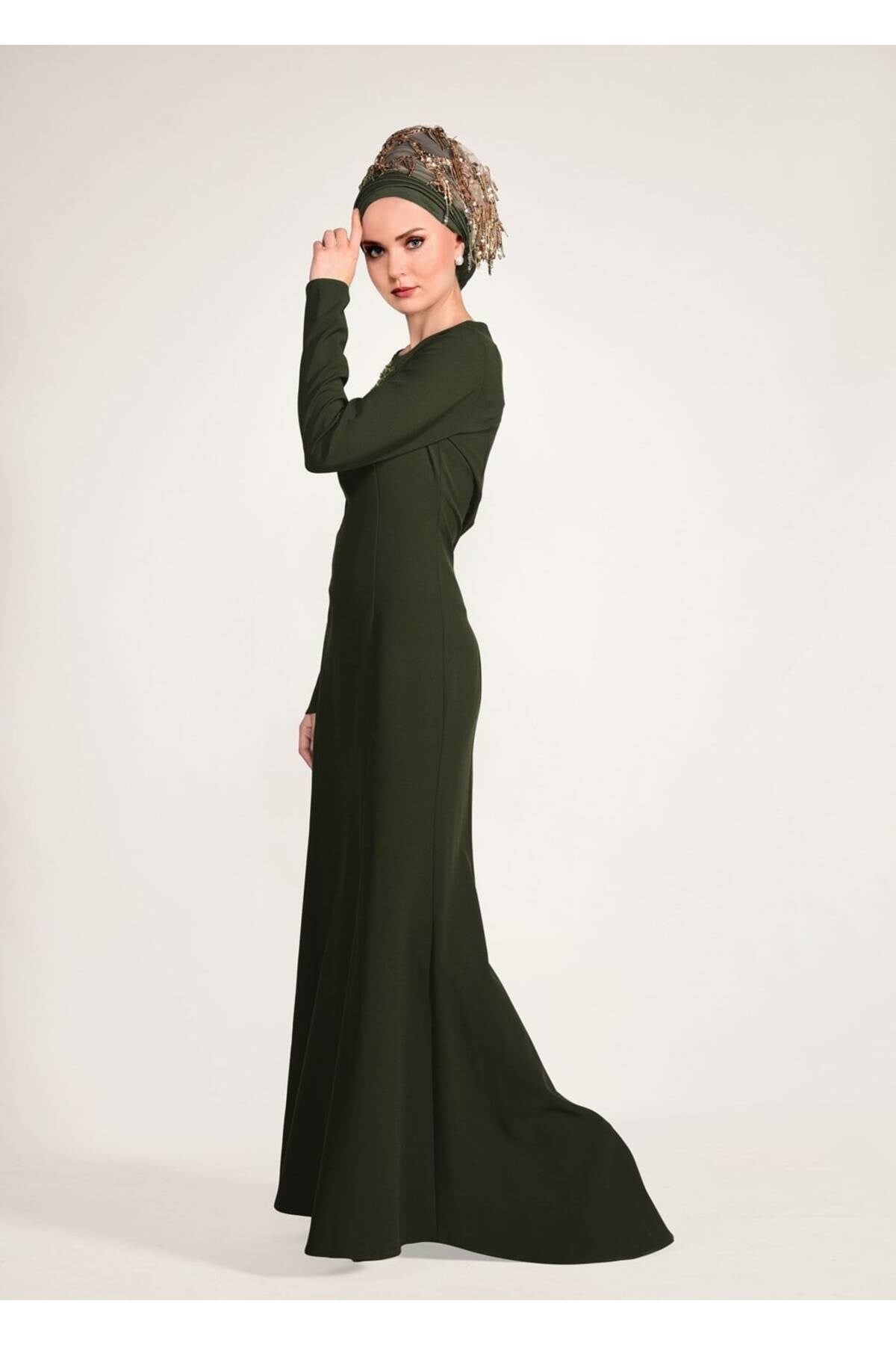 Women's Khaki Bead Embroidered Evening Dress 5399 18yabltr5399