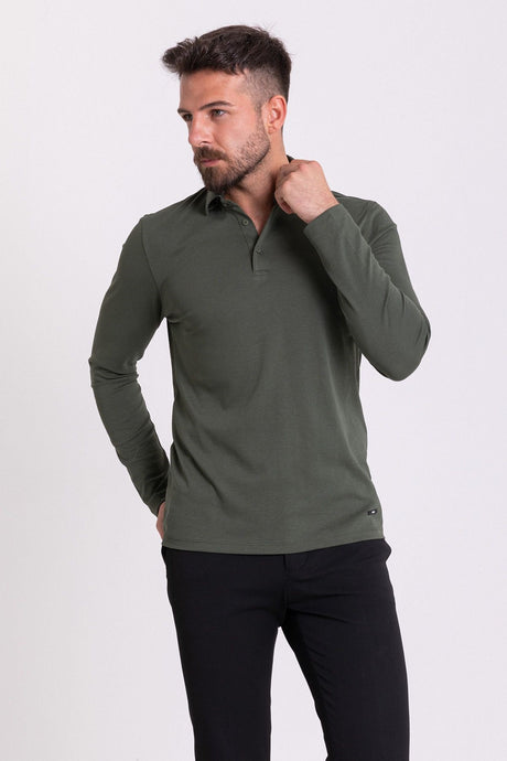 Solid Navy Color Slim Fit Long Sleeve Polo Collar Men's T-shirt 36672.21k