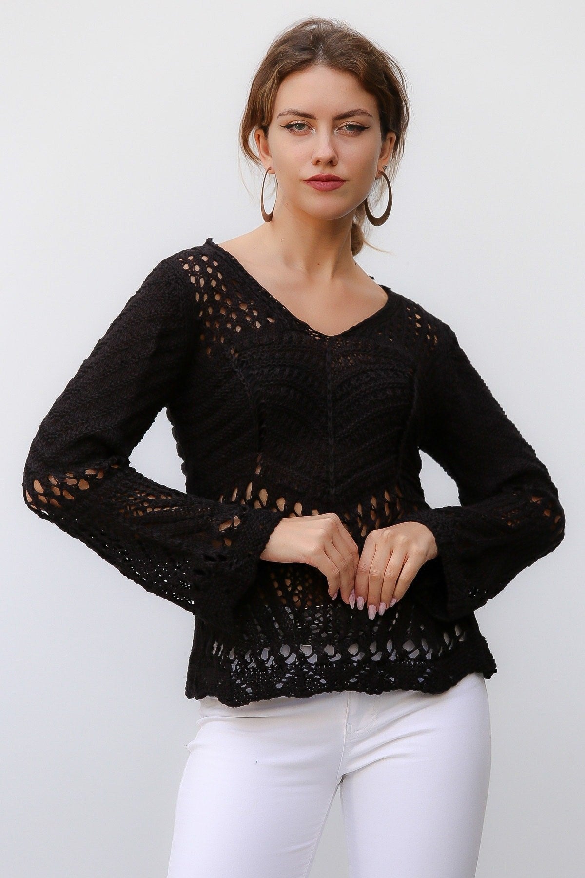 Black V Neck Long Sleeve Standard Casual Acrylic Knitwear Blouse M10010200bl93418