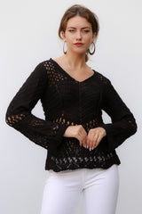 Black V Neck Long Sleeve Standard Casual Acrylic Knitwear Blouse M10010200bl93418