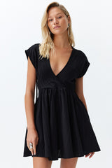 Black Mini Woven Cut Out/window Linen Blended Beach Dress Tbess24el00075