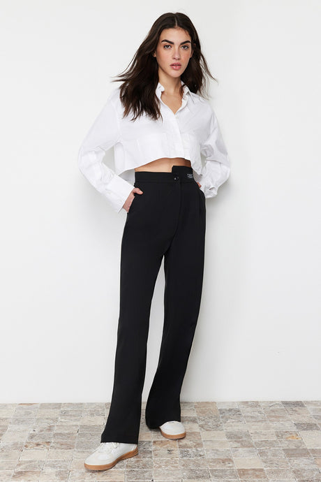 Black Wide Leg/wide Leg Label Detailed Woven Pants Twoss24pl00082