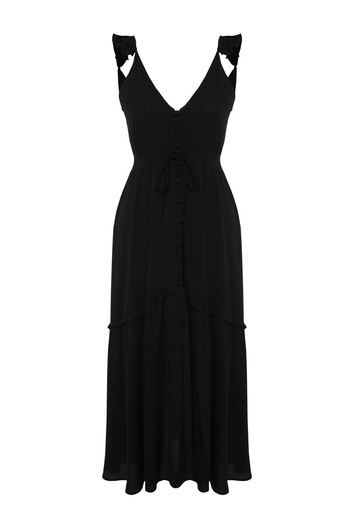 Black Maxi Woven Ruffle Beach Dress Tbess24el00092