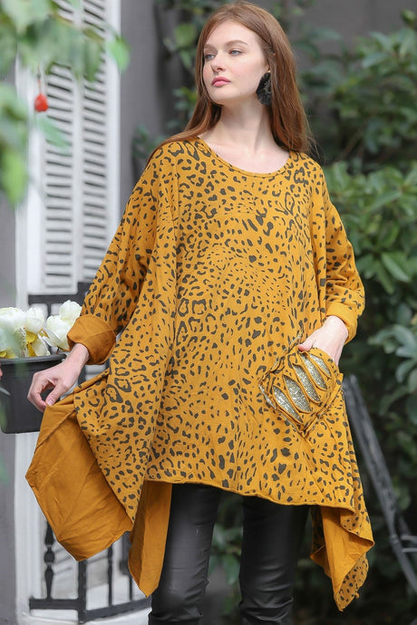 Women's Navy Italian Leopard Pattern Sequin Pocket Detailed Oversized Tunic M10010500tn99595