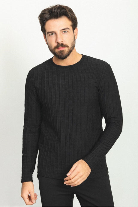 Textured Anthracite Color Slim Fit Crew Neck Long Sleeve Men's T-shirt 36769.22k