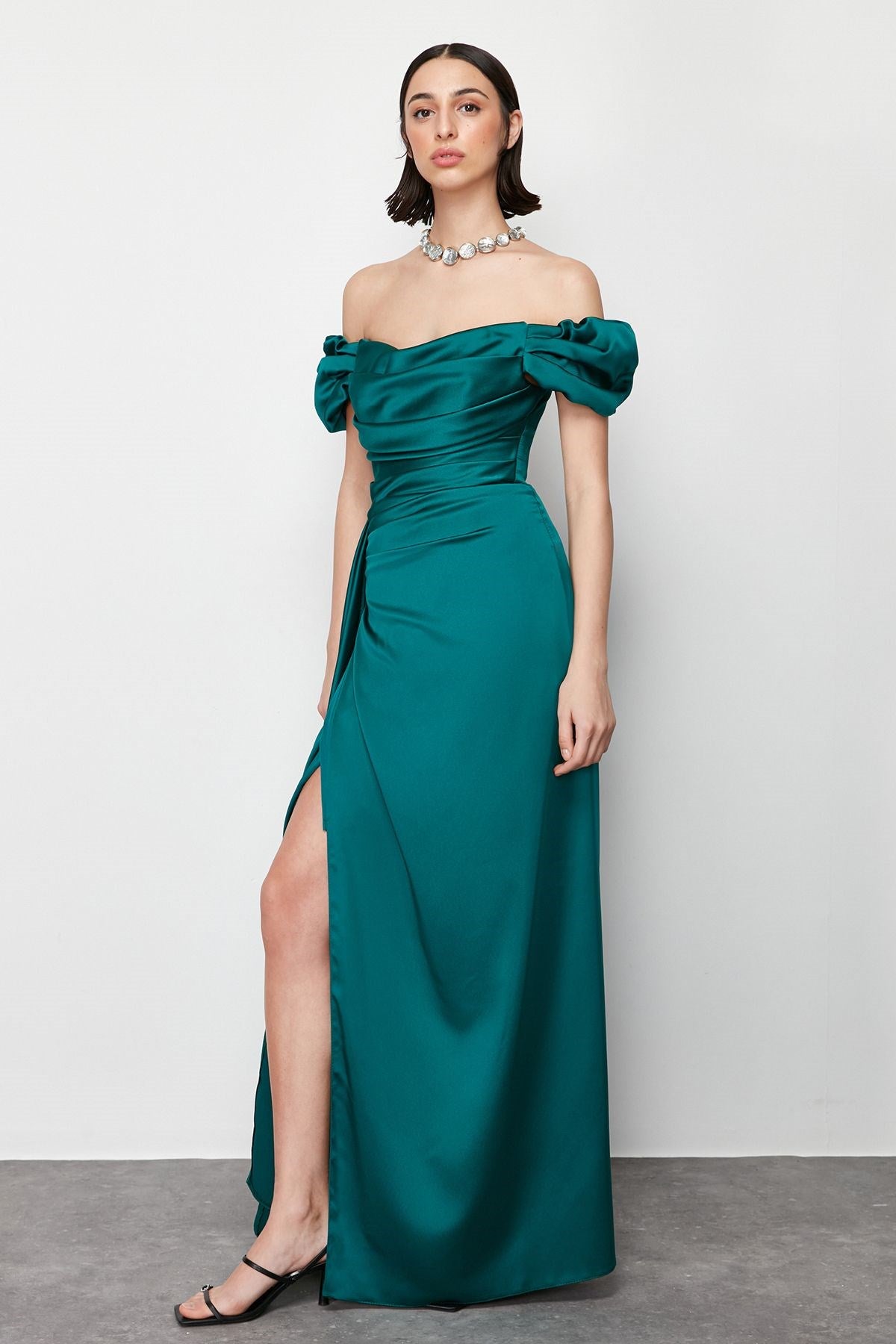 Emerald Green Draped Satin Long Evening Dress Tprss24ae00113