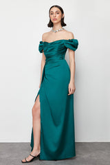 Emerald Green Draped Satin Long Evening Dress Tprss24ae00113