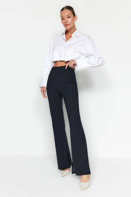 Navy Blue Smart Slit Flare/spanish Leg High Waist Striped Knitted Leggings Pants Twoss23pl00126