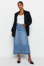 Blue Slit Waist Detailed Maxi Denim Skirt Twoaw24et00065