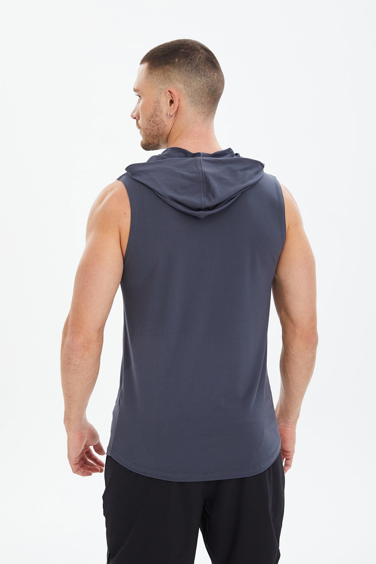 Men's Blue Cotton Plain Printed Pocket Hooded Sleeveless Casual Sports Zero Sleeve Athlete T-shirt T