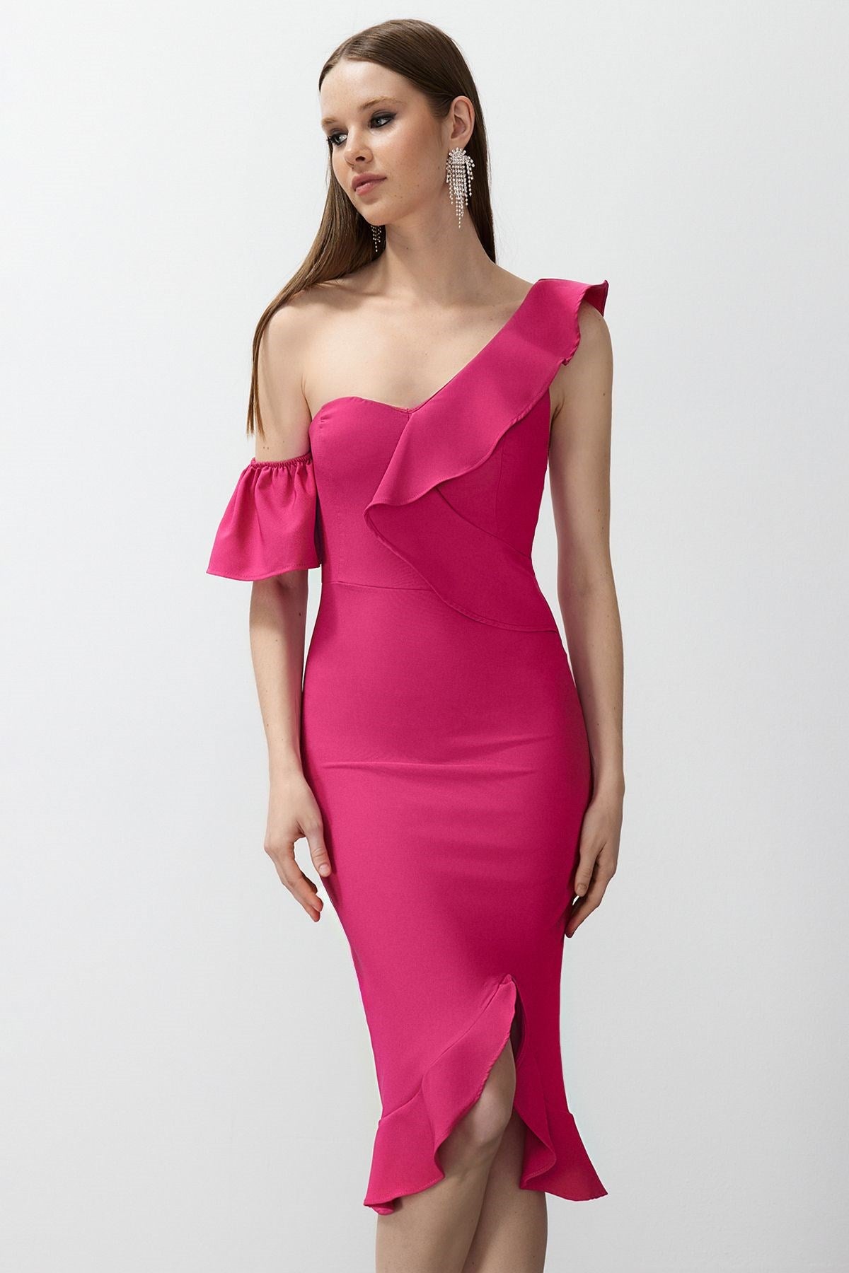 Fuchsia Ruffle Woven Elegant Evening Dress Tprss24el00153