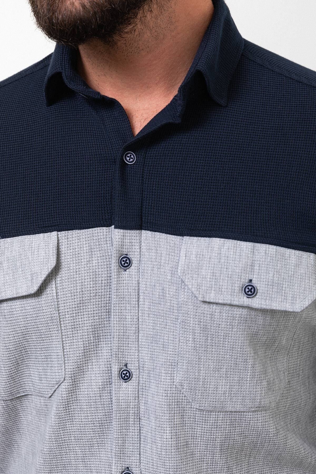 Sequined Navy Slim Fit Long Sleeve Cotton Men's Shirt 37810.23k