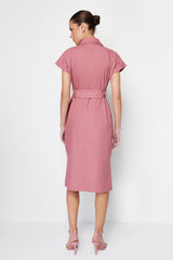 Dusty Rose Belted Wide Pattern Gabardine Midi Shirt Dress Twoss24el00227