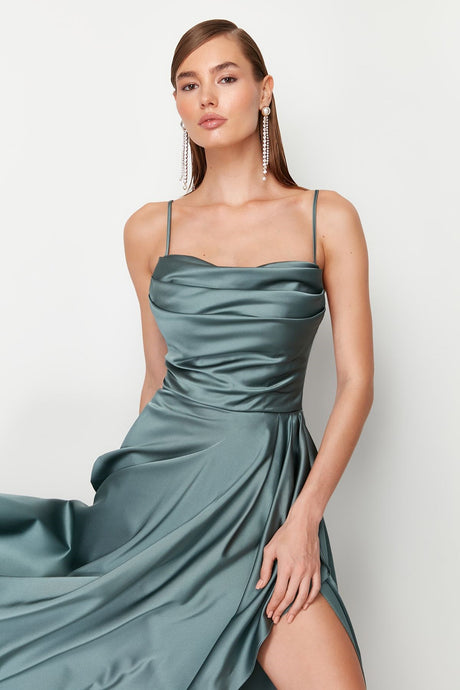 Blue Draped Satin Long Night Evening Dress Tprss24ae00112