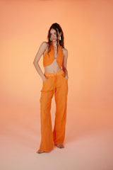 Cotton Fabric Strap Loose Fit Rise Pants Orange Hlrisepantolon