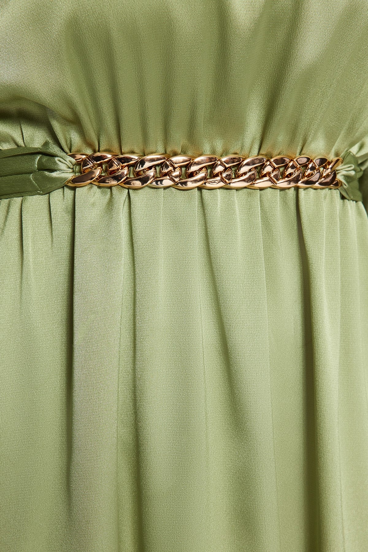 Green Collar And Cuff Drape Detailed Belted Woven Evening Dress Tctss22eb0142