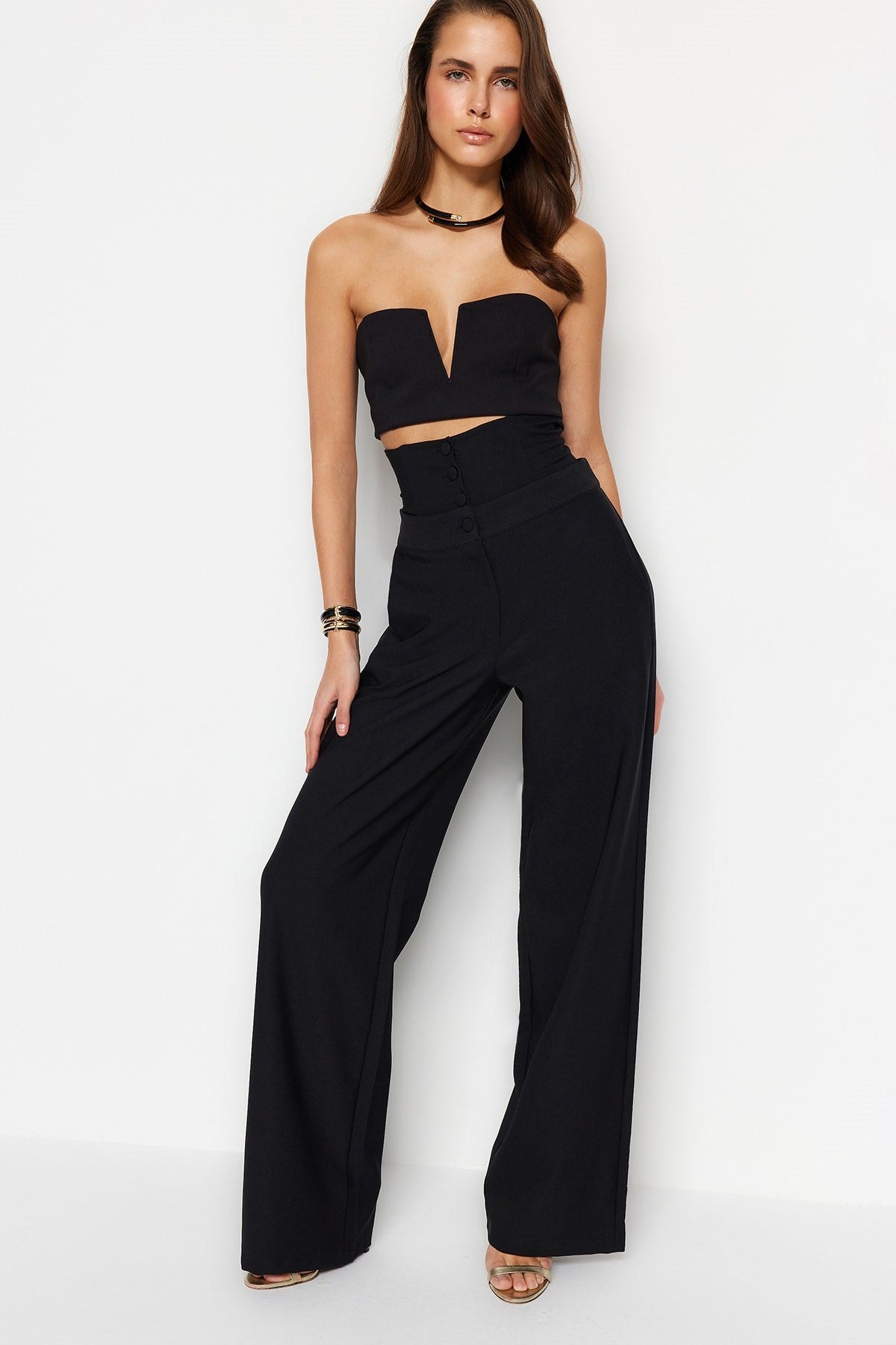 Black Woven Corset Detailed Pants Tprss23pl00033