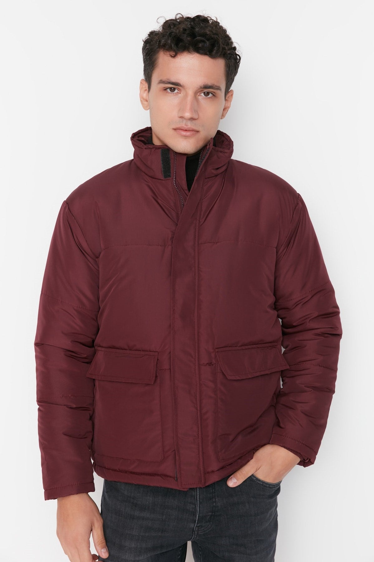 Burgundy Men's Regular Fit Inflatable Winter Coat Tmnaw22mo0090