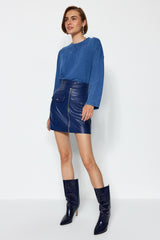 Faux Leather Mini Woven Skirt With Indigo Belt And Zipper Detail Twoaw21et0065