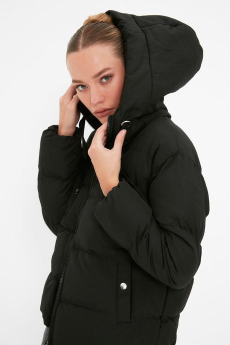 Black Oversized Hooded Water Repellent Inflatable Coat Twoaw21mo0022