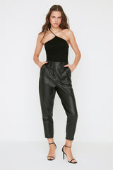 Black Carrot Woven Front Button Faux Leather Pants Twoaw22pl0083