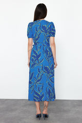 Blue Floral Print Double-breasted Viscose Midi Woven Dress Twoss24el00686