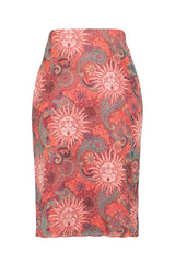 Premium Orange Printed Tulle High Waist Lined Midi Knitted Skirt Twoss23et00206