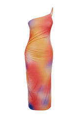 Orange Printed Body Fitting Midi One Shoulder Flexible Knit Pencil Dress Twoss23el01577