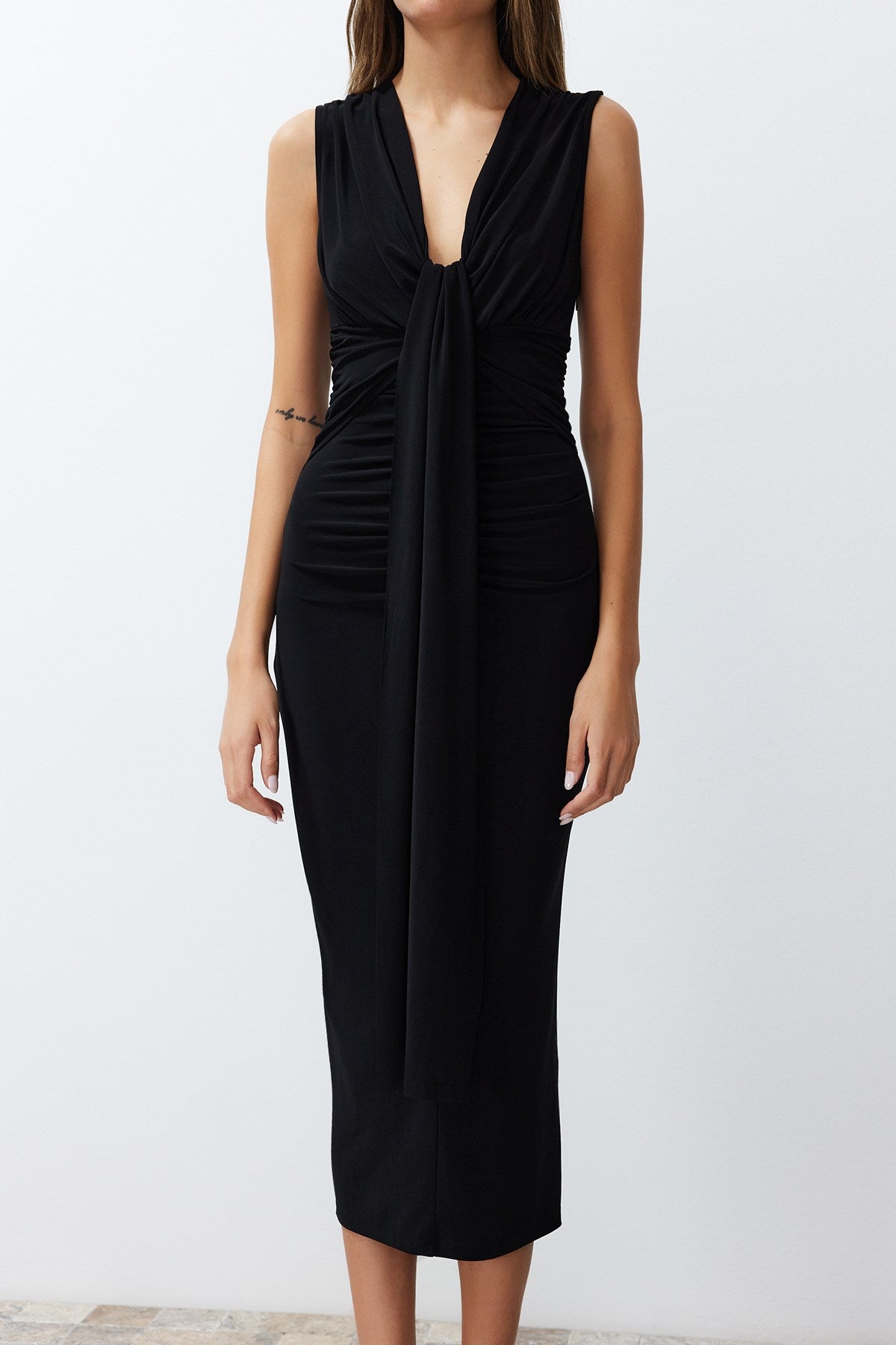 Black Body Sitting Draped Elegant Evening Dress Tprss24el00161