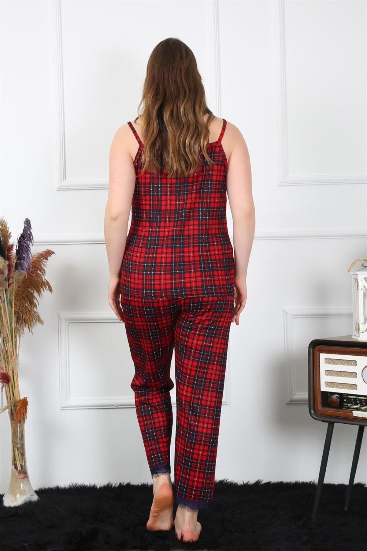 Women's Plus Size Red Plaid Rope Strap Sleepwear Set 202197