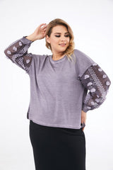 Women's Beige Sleeve Tulle Embroidered Sweat Sea-sw2006