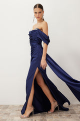 Navy Blue Low Sleeve Stone Accessory Detailed Long Woven Elegant Evening Dress Tprss24ae00186