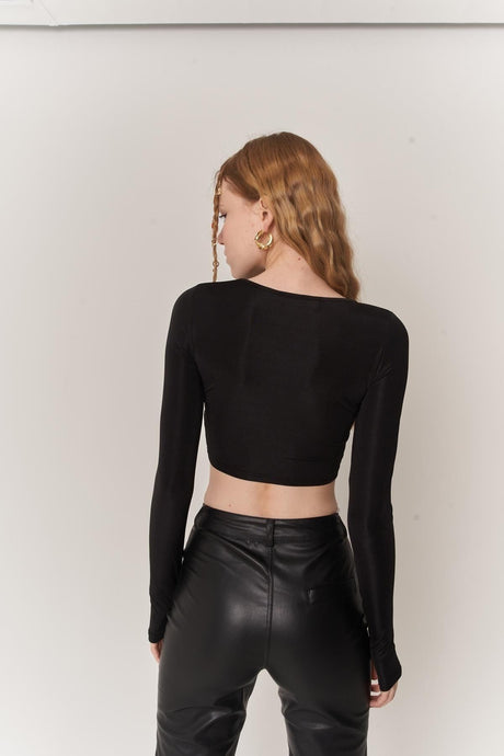 Crew Neck Long Sleeve Chest Detailed Crop Frank Blouse Black Hlfrankblouse