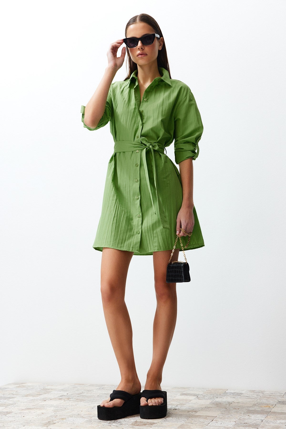 Green Belted Fabric Textured Mini Woven Shirt Dress Twoss24el00316