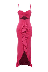 Fuchsia Body Fit Ruffle Long Night Evening Dress Tprss24ae00027