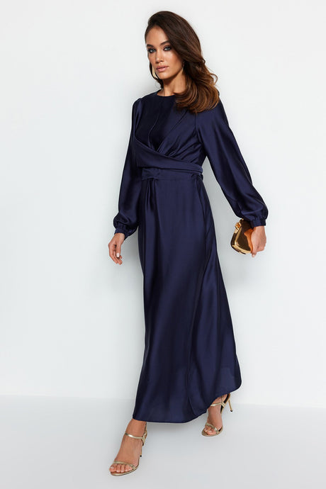 Navy Blue Cross Drawstring Detailed Satin Evening Dress Tctaw22eb0105