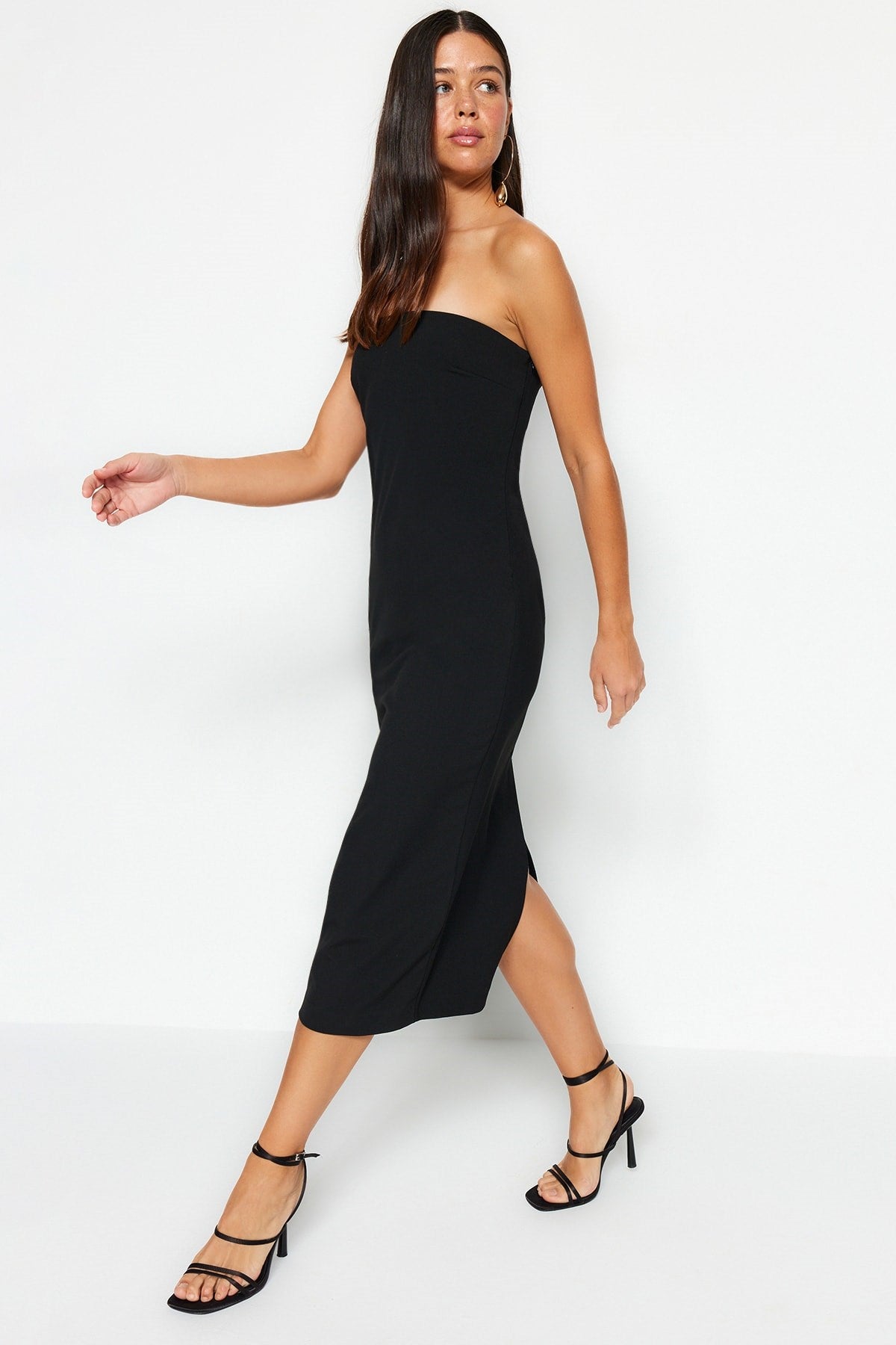 Black Shift/straight Cut Strapless Gabardine Midi Woven Dress Twoss22el00795