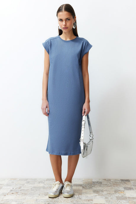 Indigo Plain T-shirt Dress 100% Cotton Moon Sleeve Shift/casual Cut Midi Midi Dress Twoss24el00126