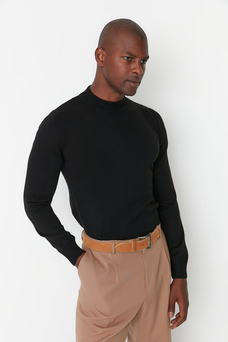 Black Mens Slim Fit Half Turtleneck Basic Sweater Tmnaw21kz0758