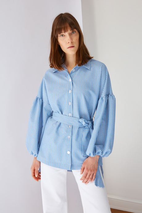 Blue Striped Belted Balloon Sleeve Back Long Woven Shirt Tctss22go0116