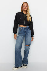 Blue Ripped High Waist Wide Leg Jeans Twoaw24je00162