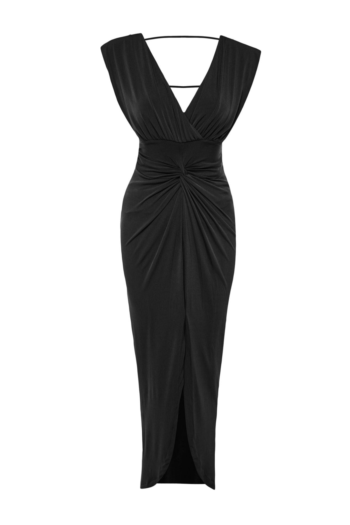 Black Detailed Long Night Evening Dress Tprss22ae0034