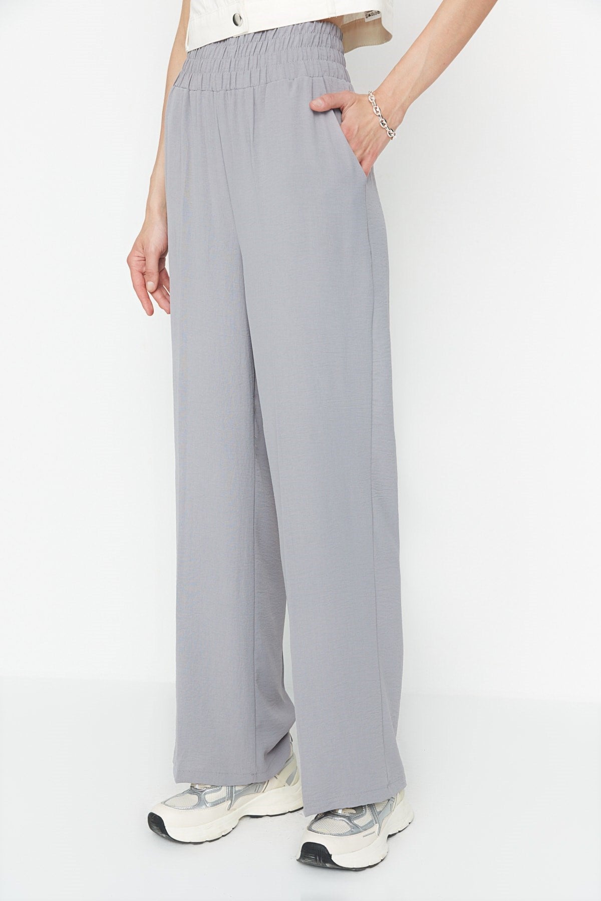 Grey Wide Leg Waist Elastic Woven Pants Twoss22pl00024