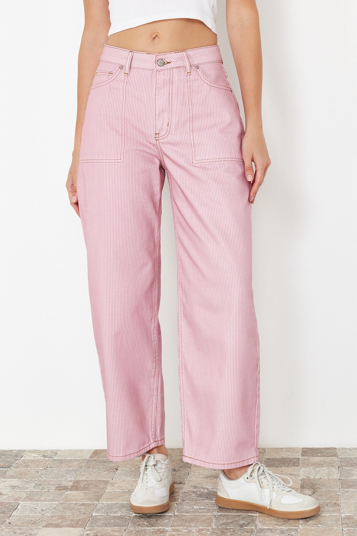 Pink Striped High Waist Barrel Jeans Twoss24je00287