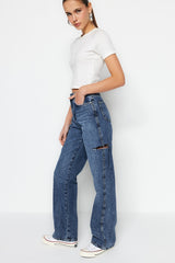 Dark Blue Ripped High Waist Wide Leg Jeans Twoss23je00142