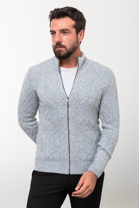 Braided Grey Slim Fit Dominant Collar Zipper Wool Men's Knitwear Cardigan 11236.23k