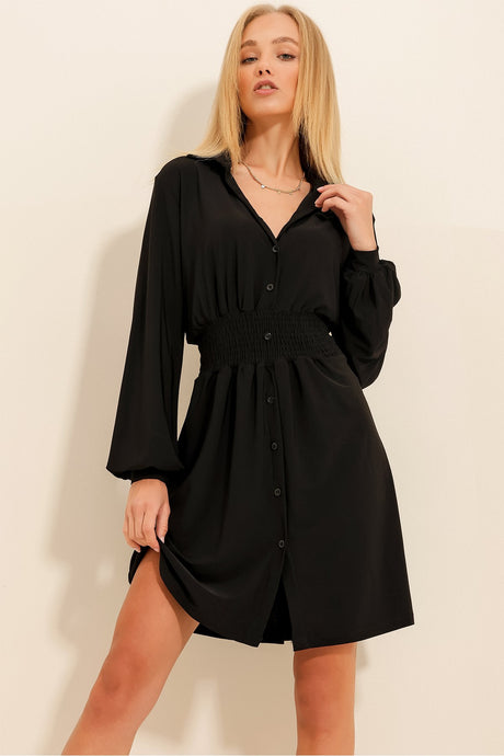 Women's Black Waist Buttoned Polo Neck Sandy Dress Alc-x11273