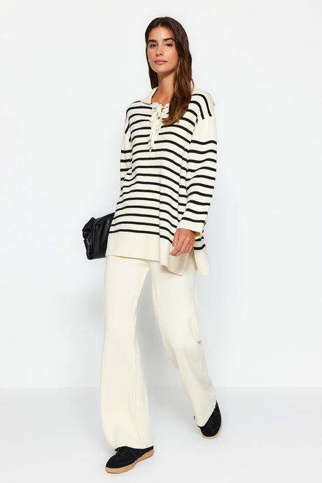 Navy Striped Collar Drawstring Detailed Sweatshirt-pants Knitwear Bottom-top Suit Tctaw24us00080