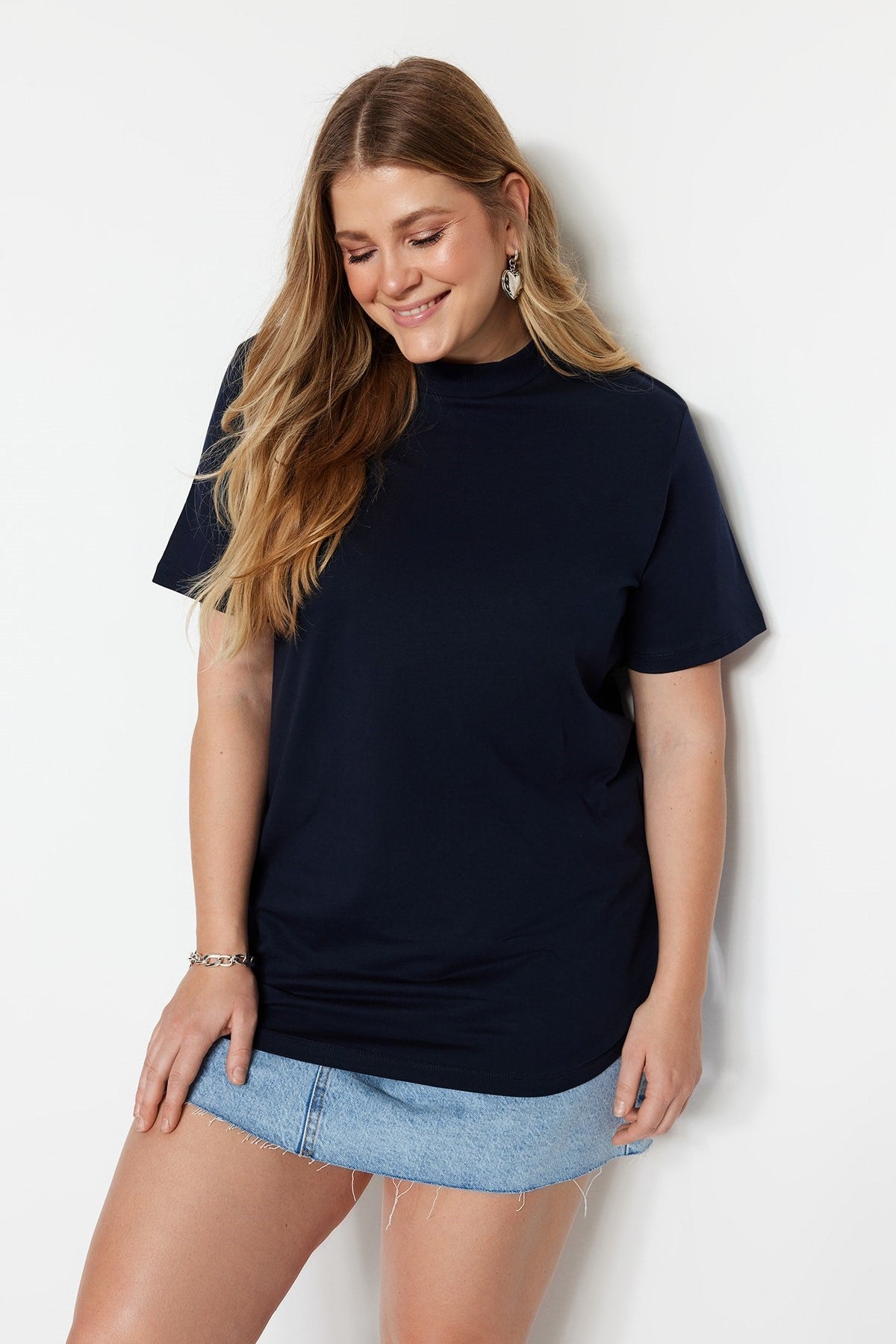 Navy Boyfriend Basic Knitted Collar Ribbed Tshirt Tbbss23bf00019