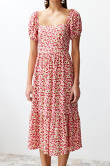 Pink Floral V-neck Viscose Gown Midi Woven Dress Twoss24el00523